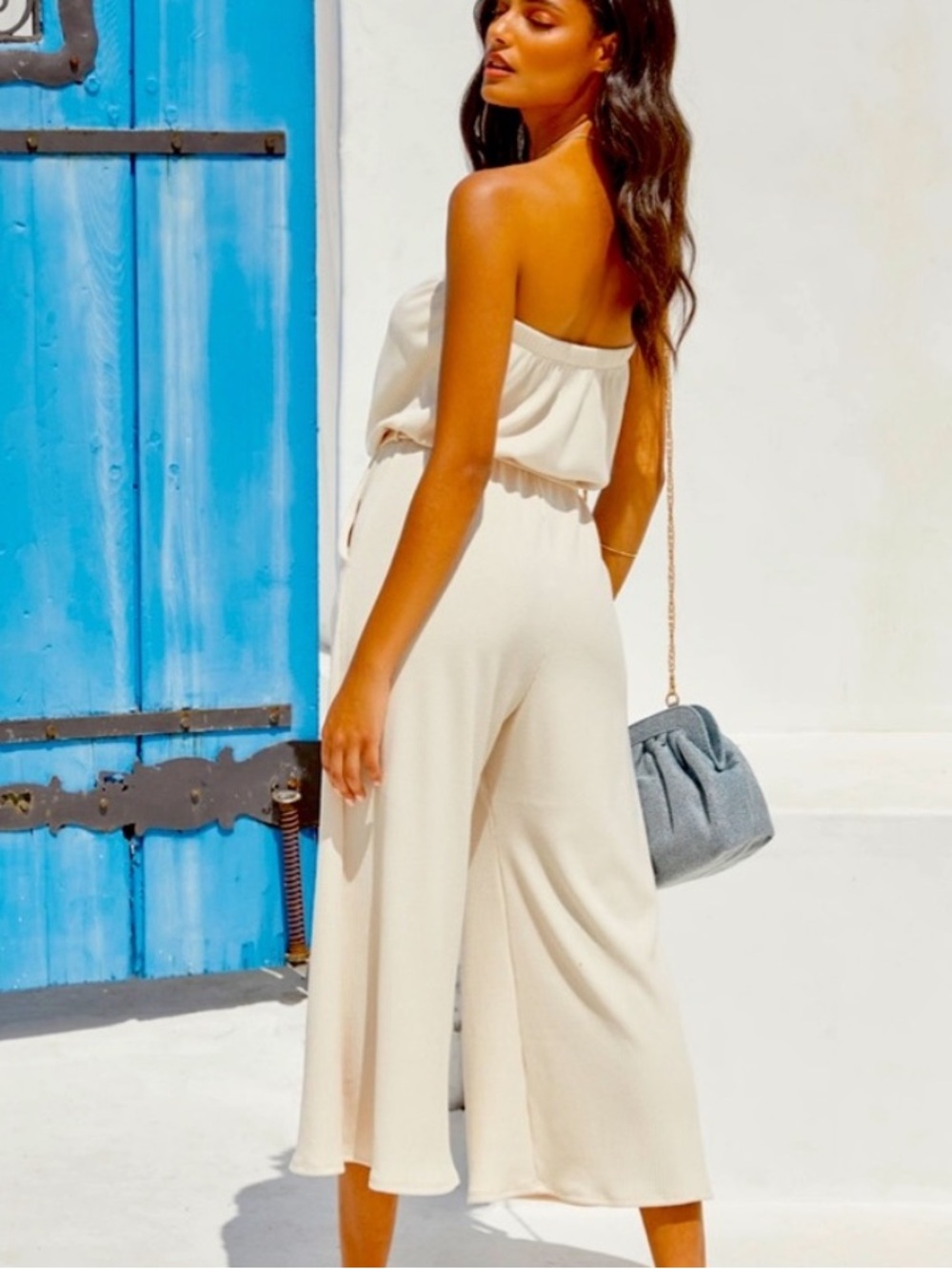 Strapless Cream Ribed Wide-Leg Jumpsuit - Picture 6 of 14